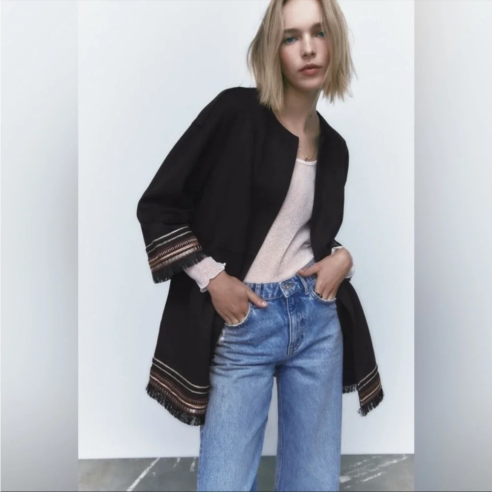 ZARA Combination Faux Suede Embroidered Fringe Hem Jacket Black